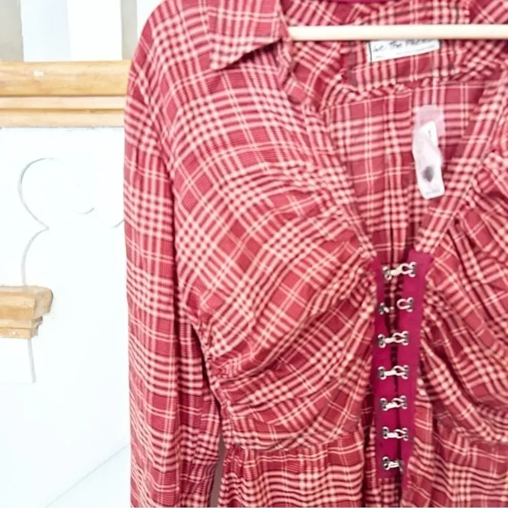 NWT Free People We The Free Red Combo Plaid Catalina Remade Shirt Combo Tunic S